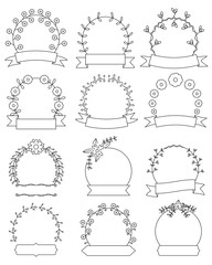 Hand drawn floral round frames set.