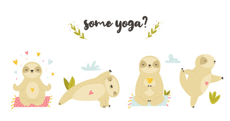 Set of cute sloths in asanas doing yoga