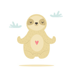 Funny meditating sloth practicing yoga