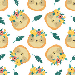 Bright seamles pattern with cute funny sloths