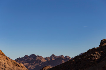 Naklejka premium Egypt. Mount Sinai in the morning at sunrise. (Mount Horeb, Gabal Musa, Moses Mount). Pilgrimage place and famous touristic destination.