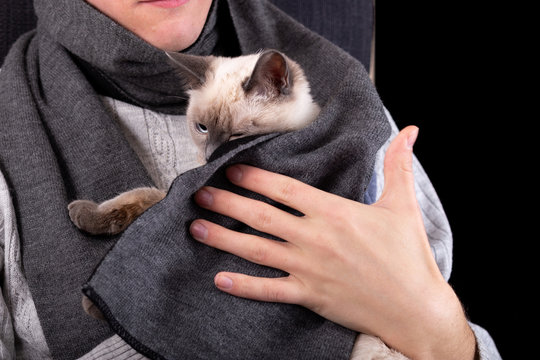 A young man presses a kitten wrapped in a scarf to his chest.