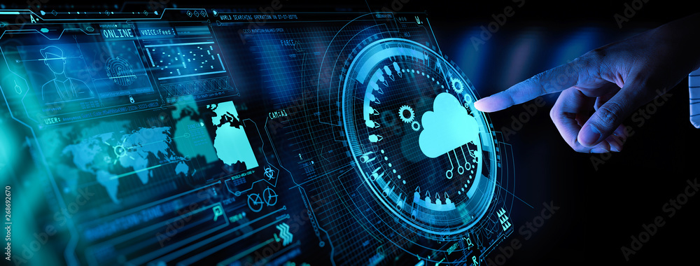 Poster Hand pushing icon Ui of Cloud Computing Technology Internet Storage Network Concept