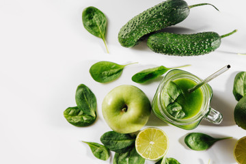 Healthy breakfast with green smoothie. Detox and diet  concept. Vegetarian food.