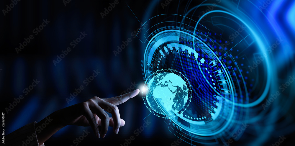 Poster Hand working with the earth with network line with point on the star and world modern UI with Internet Network concept.