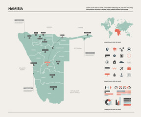 Vector map of Namibia. Country map with division, cities and capital Windhoek. Political map,  world map, infographic elements.