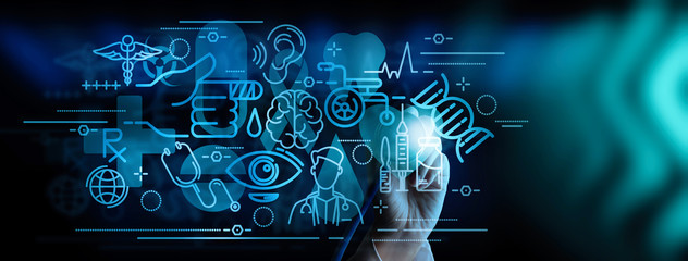 Health care and medical services concept with Ui and AR interface by female doctor hand using stethoscope work.