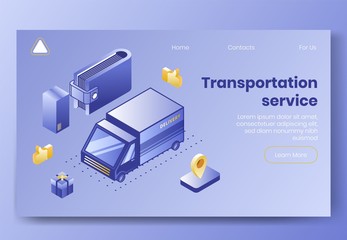 Digital isometric design concept set of transportation service app 3d icons.Business finance symbols-isometrics car truck,package boxes,geo tags,thumb up on landing page banner web online concept