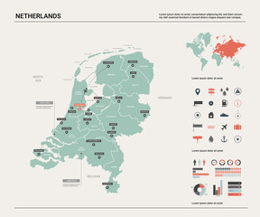 Vector map of Netherlands. Country map with division, cities and capital Amsterdam. Political map,  world map, infographic elements. - obrazy, fototapety, plakaty
