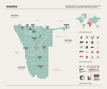 Vector map of Namibia. Country map with division, cities and capital Windhoek. Political map,  world map, infographic elements.