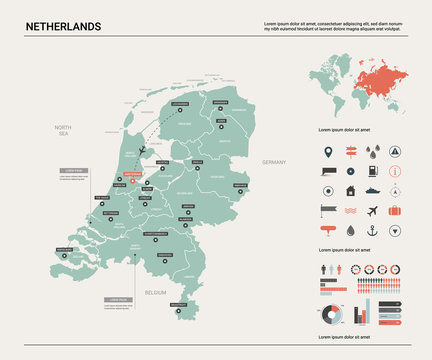 Vector map of Netherlands. Country map with division, cities and capital Amsterdam. Political map,  world map, infographic elements.