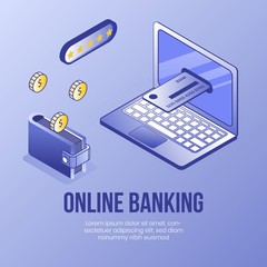 Digital isometric design concept scene of financial mobile banking app 3d icons.Isometric Business finance symbols-bank card,laptop,wallet,dollar coins on landing page banner web online concept