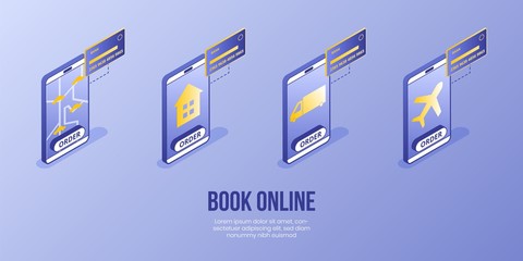 Isometric design digital concept set - book online services on mobile device app screen vertical banners.Isometric business icons-mobile phone,house,truck,taxi,bank card,plane-web online concept