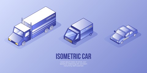 Isometric design digital concept set of different cars for logistics delivery app,internet page,banner.Isometric business financial icons-lorry,car,truck,taxi,web online concept