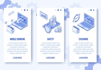 Digital isometric design concept set-safety mobile banking,money exchange app screen vertical banners.Isometric financial business icons-mobile phone,laptop,bank card,wallet,coins-web online concept