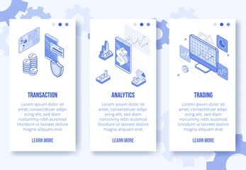 Digital isometric design concept-market trading,financial analytics app screen vertical banners set.Isometric financial business scenes-mobile phone,coins,graphs,charts,diagrams-web online concept