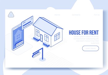 Digital isometric design concept scene of house rent online service app 3d icons.Isometric Business finance symbols-bank card,house,mobile phone,rent sign on landing page banner web online concept