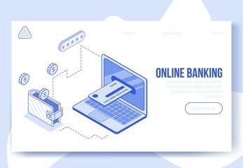 Digital isometric design concept scene of financial online banking app 3d icons.Isometric Business finance symbols-dollar coins,bank card,laptop,wallet on landing page banner web online concept