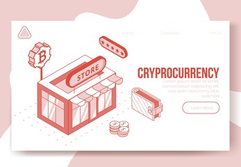 Digital isometric design concept set of financial cryptocurrency app 3d icons.Business financial symbols-isometric store,dollar coins,wallet,bitcoin icon on landing page banner web online concept