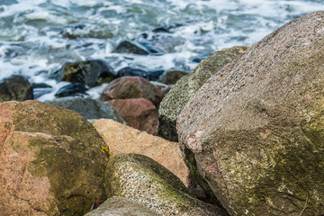 several small and big white and gray stones or pebbles on the beach at the baltic sea, a great pattern for a background