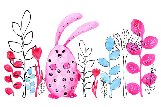 Pink bunny, rabbit. Border. Drawing in watercolor and graphic style for the design of prints, backgrounds, cards, wedding