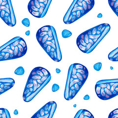 Gouache seamless pearl blue seashells and pebbles