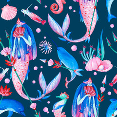 Gouache seamless fantasy underwater pattern with water nymph on dark background - obrazy, fototapety, plakaty