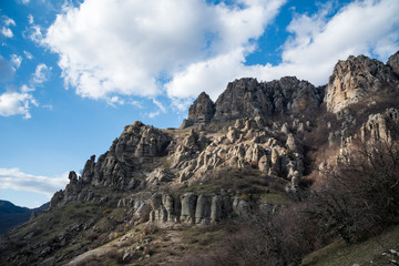 Demerdzhi mountain range in the rays of the setting sun. Autonomous Republic of Crimea