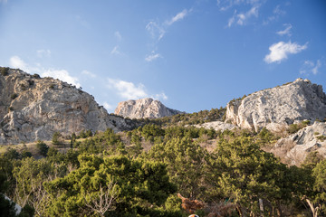 Fototapeta na wymiar Foros, Republic of Crimea - April 1, 2019: Mountains in the very south of the Crimean peninsula