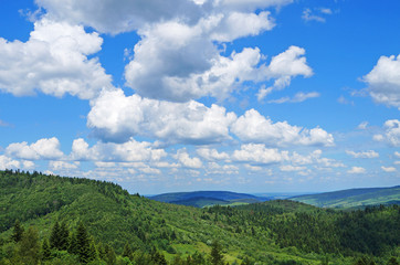 Panoramic view of the Carpathian mountains, green forests and flowering meadows on a sunny summer day