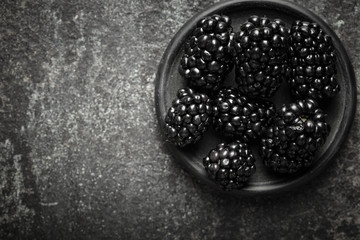 Freshly picked blackberries in  bowl on old metal background. Healthy eating and nutrition.