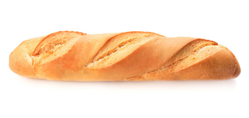 single loaf of baguette bread isolated on white background