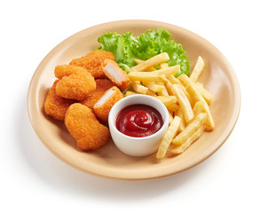 chicken nuggets with french fries in plate isolated on white background