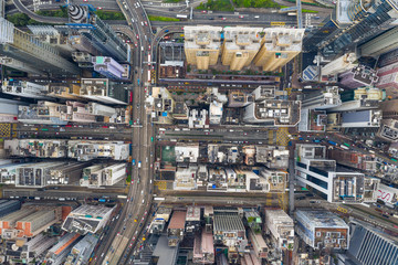 Drone fly over Hong Kong commercial district