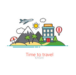 Travel and vacation banner. A trip to the world. Travel to the world. Vacation. Road trip. Tourism. Tourist banner. Trip. Travel illustration. Modern flat design.