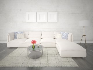  Mock up a perfect living room with a bright comfortable sofa and a trendy hipster backdrop.
