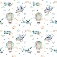 Foto op Plexiglas Dieren met ballon Aquarel set achtergrond afbeelding van een leuke cartoon en mooie luchtscène compleet met vliegtuigen, helikopters, vliegtuig en ballonnen, wolken. Jongen naadloze patroon. Het is een babyshowerontwerp
