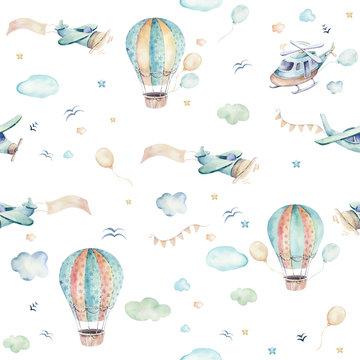 Watercolor set background illustration of a cute cartoon and fancy sky scene complete with airplanes, helicopters, plane and balloons, clouds. Boy seamless pattern. It's a baby shower design © kris_art