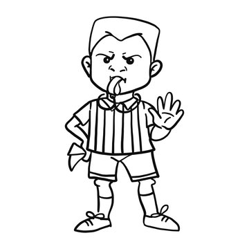 Whistling soccer referee showing stopping hand during match, human character vector illustration. Sport hand drawn cartoon, football arbitrator with red and yellow cards in hand