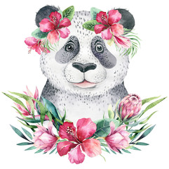 Naklejka premium A poster with a baby panda. Watercolor cartoon panda tropical animal illustration. Jungle exotic summer print.