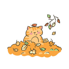 doodle cute little cat vector leaves autumn