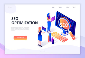 Modern flat design isometric concept of Seo Analysis decorated people character for website and mobile website development. Isometric landing page template. Vector illustration.
