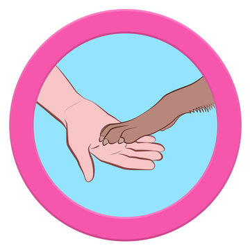 Dogs paw and human hand giving paws. Round pink logo symbol vector illustration on white background.