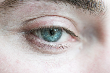 human eye is very close. Macro shot of a male  blue with gray eye. White race