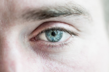 human eye is very close. Macro shot of a male  blue with gray eye. White race