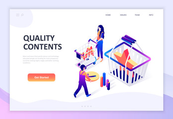 Modern flat design isometric concept of Quality Content decorated people character for website and mobile website development. Isometric landing page template. Vector illustration.