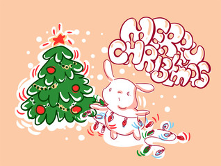 christmas bunny decoration lights card doodle style
