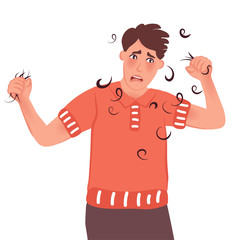 A man holds in his hand fallen hair. Vector illustration of people with baldness