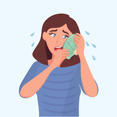 The sad girl holds a bag of ice at the sick tooth. Toothache. Vector illustration of a cartoon sick people