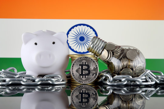 Bitcoin (BTC), Blockchain Technology, energy concept and India Flag. Electricity prices, energy saving in the cryptocurrency mining business.